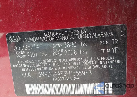 2015 Hyundai Elantra Se from USA, damaged, VIN 5NPDH4AE6FH555963